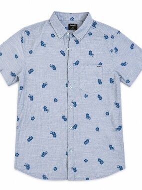 Hurley Floral Print Button Up Shirt Men's Medium Blue Short Sleeve Beach